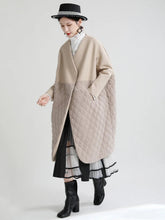 Luxury Designer Two-Tone Panel Overcoat Beige Cotton Blend Diamond Quilted Long Cocoon Coat